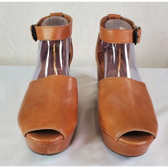 Chocolat Blu Womens Sz 10 Wawa Wedge Sandals Brown Leather Peep Toe Buckle - Picture 3 of 10